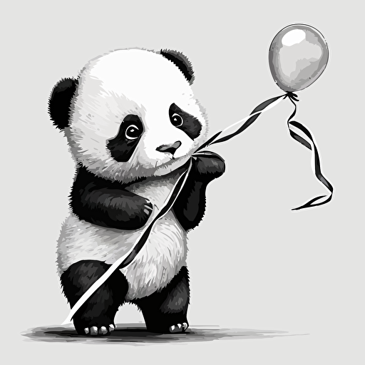 A vectorized image of a baby panda holding a streamer in black and white.