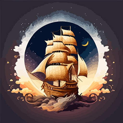 old wooden sailing ship blasting through bigger outer space, vector design