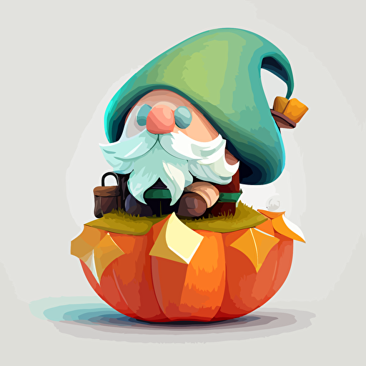 cute garden gnome sitting on a pumpkin, glow, backgroundless,white background,2d,vector,asset,props,sprite ,cartoon,toon,Dofus