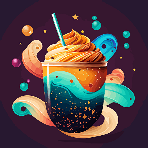 colorful vector art, boba tea caramel flavor, galaxy as background with colorful swirls