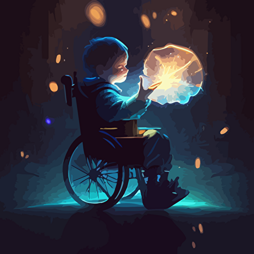 a small boy in a wheelchair holding up a glowing viral vector in the palm of his hand