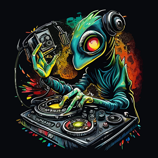a cool lanky creature from another dimension DJing, colourful, logo design, vector, illustration, super detailed
