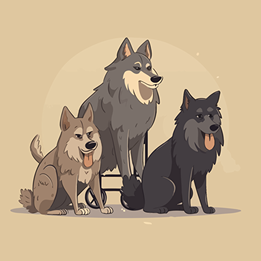 three sitting wolves, two of them dangerous and one handicapped, cartoon style, vector.