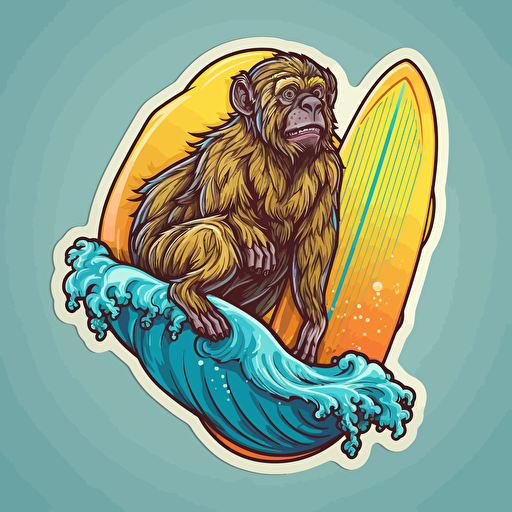 a howler monkey riding a surfboard, Sticker, Playful, happy, Bright Colors, Digital Art, Contour, Vector, Big blue wave in Background, Detailed