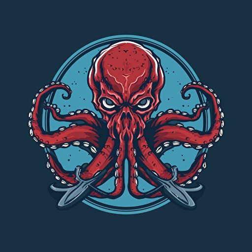 military logo style vector image of an angry octopus in animation style, the octopus is attacking to the right with a trident
