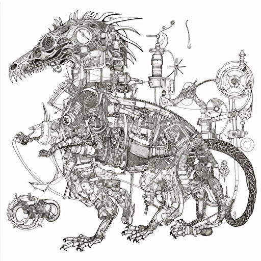 bestiary animal fusion machine, fine ink drawing vector white background, details and particulars,