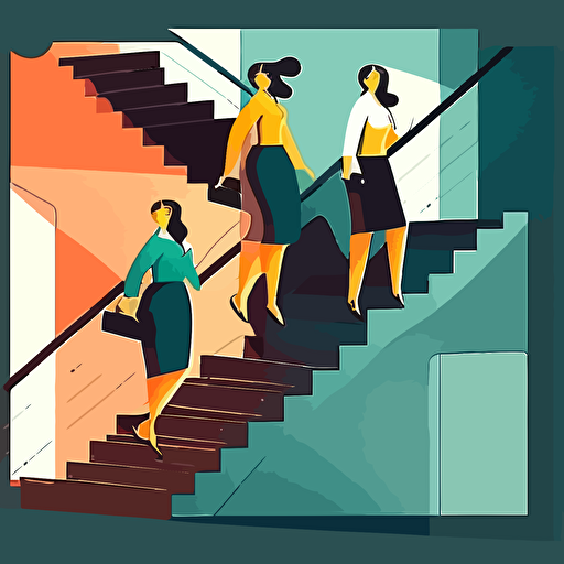 vier frauen in der top etage, als ceo, sie steigen eine treppe einer grafischen primade hoch und sind an der spitze, detaierte vector illustration