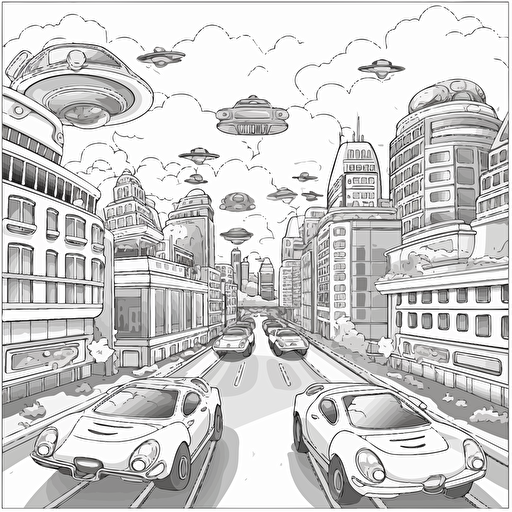 Futuristic City. Many Flying Cars. No Shadow. Cartoon. Coloring page. Vector. Simple.
