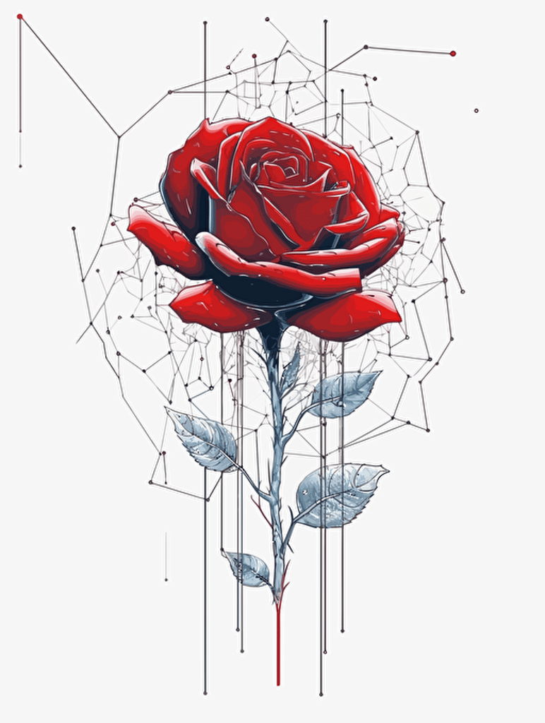 Science and Technology and the Rose with Thorns，modern minimalist illustration，A clean background, Gradient color, Vector，White background