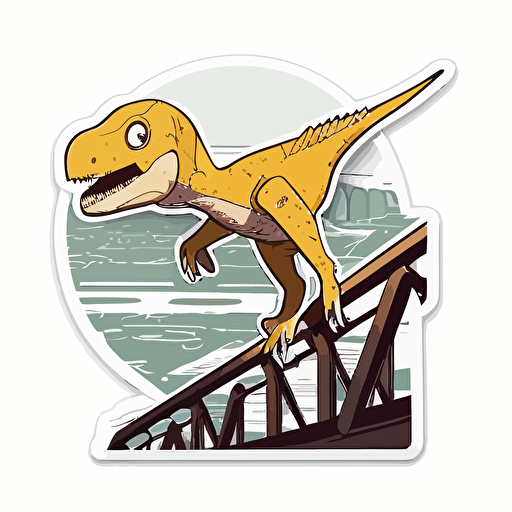 die-cut sticker, cute kawaii velociraptor flying over a bridge sticker, white background, illustration minimalism, vector, oceanic and pale yellow tones.