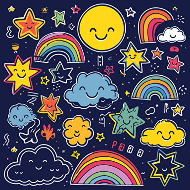 suns, moons, stars, rainbows, clouds, Simple vector drawing of a rainbow, clipart, basic shapes, solid colors, doodle, sticker design, lineart, 2d flat file, silhouette, svg cut file