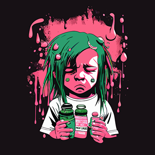 vector,splashy,pink,green,face,kid,holding pills bottles in hands,depressed,sad,crying