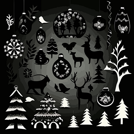 set of vector illsutration of black silhouettes of different christmas ornaments