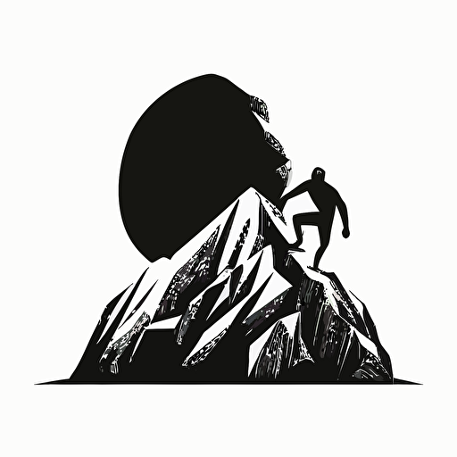 minimalist, pictoral iconic logo of sisyphus pushing rock up a hill, black vector on white background