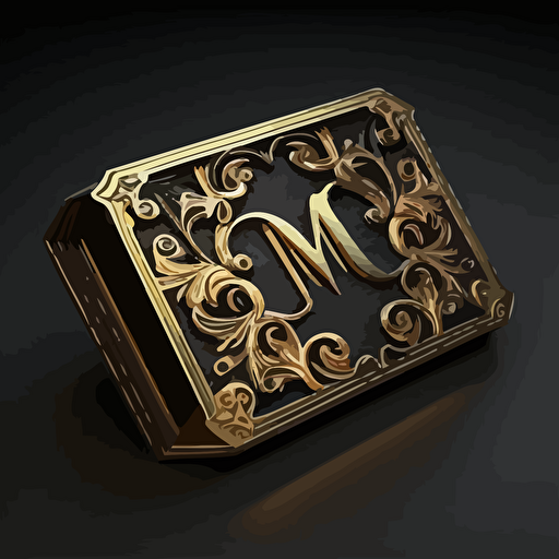 rettangular business card logo, gold ghotic letter M, black background, dark ornamental style, vector, ultra definition