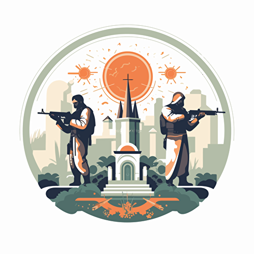 2d vector icon. holy hunters with machine guns searching for glory. white background