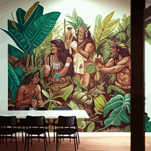 pintura mural, con campesinos amazonicos nativos cosechando uva , en vectores , luz suave ,