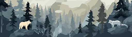vector illustration, a wolfpack view from a drone, aerial view, forest, rocks