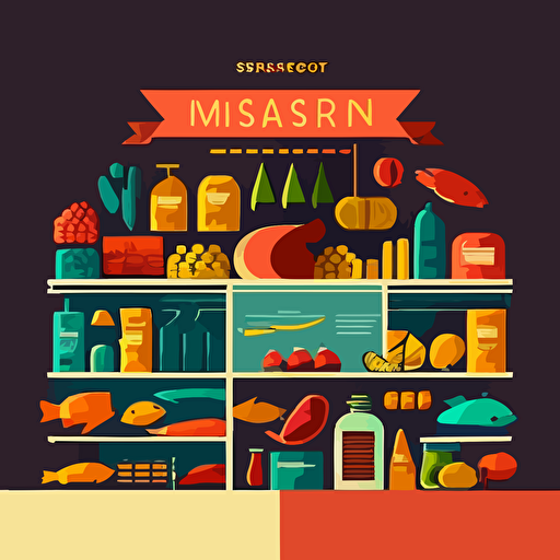 modern supermarket isologo, fruits, vegetables, drugstore, meat, fish, bread, colors, minimal design, vector, simple, flat, trasnparent background,