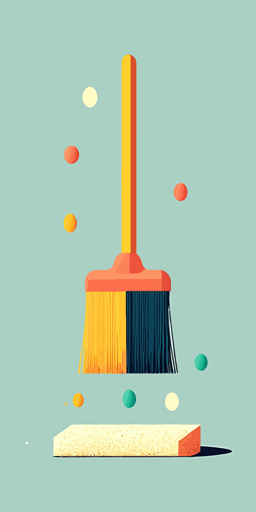 minimalist vector illustration of a broom and sponge ::