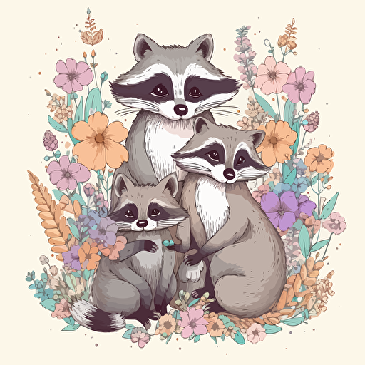 a pastel colored family of racoons on a white background with colorful wildflowers growing around them + detailed doodle style + white background + simple vector + bright pastel colors