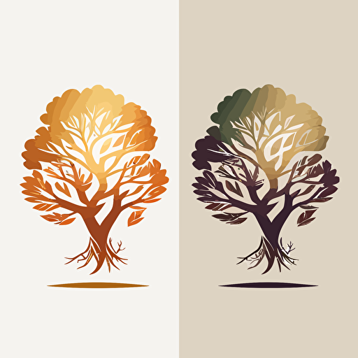 3 color symbol logo of two oak different trees side to side, it has to be geometrical, very simple design, elegant, warm colors, vector.