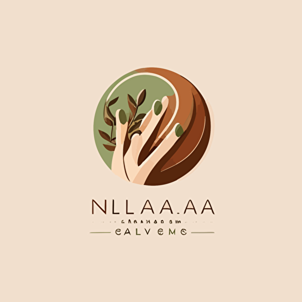 produce a melaleuca-style minimalistic vector logo for organic nails salon spa featuring natural elements and a beautiful light-colored hand being pampered with earth colored nail polish, in green and brown shades, abstract and simplicity