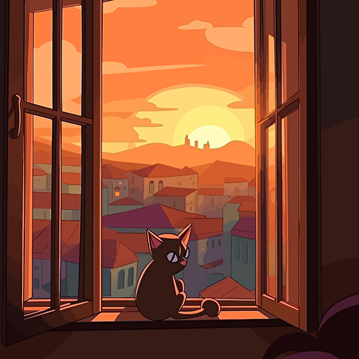 a cartoon cat looking at camera on a window overlooking an italian city during sunset, simple art style, vector art