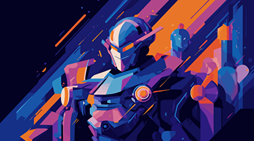 On the planet, legions of robots fight legions of artificial intelligence, flat, vector, blue purple orange gradient, by Ivan Chermayeff,