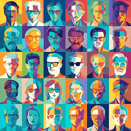 mosaic of sophisticated people with different styles and personalities in 9 squares evenly distributed, vectorial illustration, colorful, hd