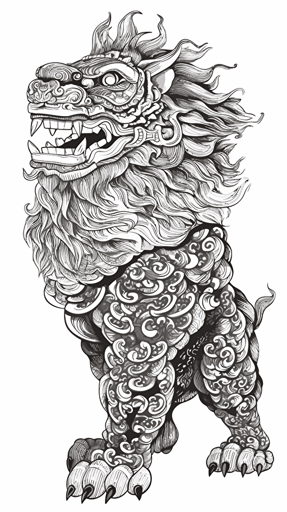 Vector art of a shisa guardian lion-dog created in Adobe Illustrator , black line work, no color, side view, white background