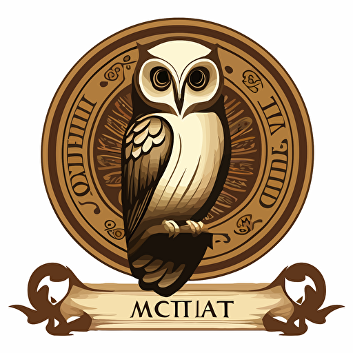 very simpe vector logo of a monastic scroll with an owl seal, white background