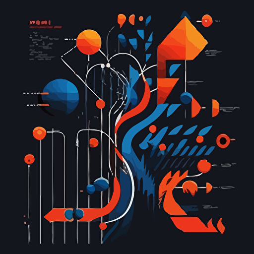 Create a vector illustration that portrays a time line that shows the transformation process from squares to spheres as an evolutionary journey. Only in dark blue, and black with flat vector shapes, drawing inspiration from the iconic style of alexander calder. Experiment a dynamic and engaging neon effect that captures the essence of this transformation.