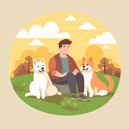 man sitting on grass with three akita-inu dogs, beautiful background, cartoon, vector style, cute, colorful