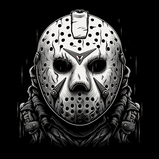 32 bit jason Friday the 13th, white on black background, no shading, 2D, vector