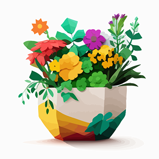 create a simple minimalistic vector style green planter full of amazingly colorful flowers vector style on white background