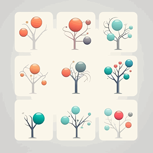 A series of clean, minimalistic logo concepts for a mind mapping app, showcasing stylized trees or branches with various thought bubbles or idea nodes connected to them. The flat vector style and subtle color palette convey the app's focus on providing a clear and organized way to visually structure thoughts and ideas.