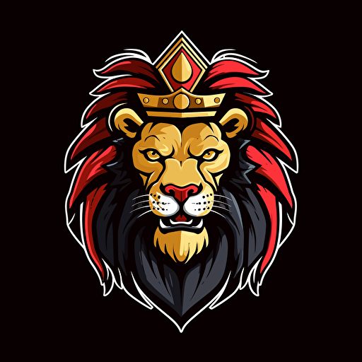 commander lion wearing a crown, gaming logo, vector logo, minimalistic, modern, mascot, red and black colors, no background