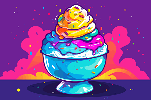 vector flat illustration of a delicious ice cream sundae with rainbow colored sprinkles and acid art style sauce in neon colors