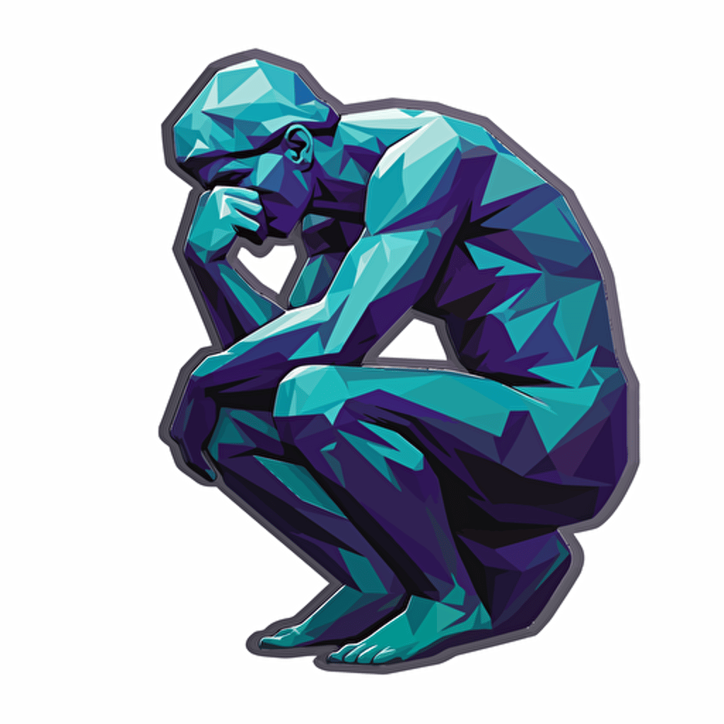 Sticker of The Thinker by Auguste Rodin, vector, in the style of Shepard Fairey, color purple teal black white, no shadow, white background