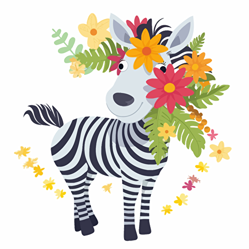 zebra with flowers, cartoon style, 2d clipart vector, creative and imaginative, hd, white background