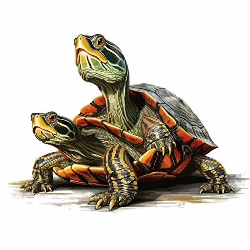 Red-Eared Slider reptiles looking straight in the camera, white bg, vector