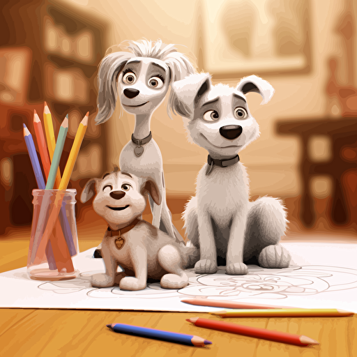 Pixar style 2d vector drawing coloring page of a dog and best friends.