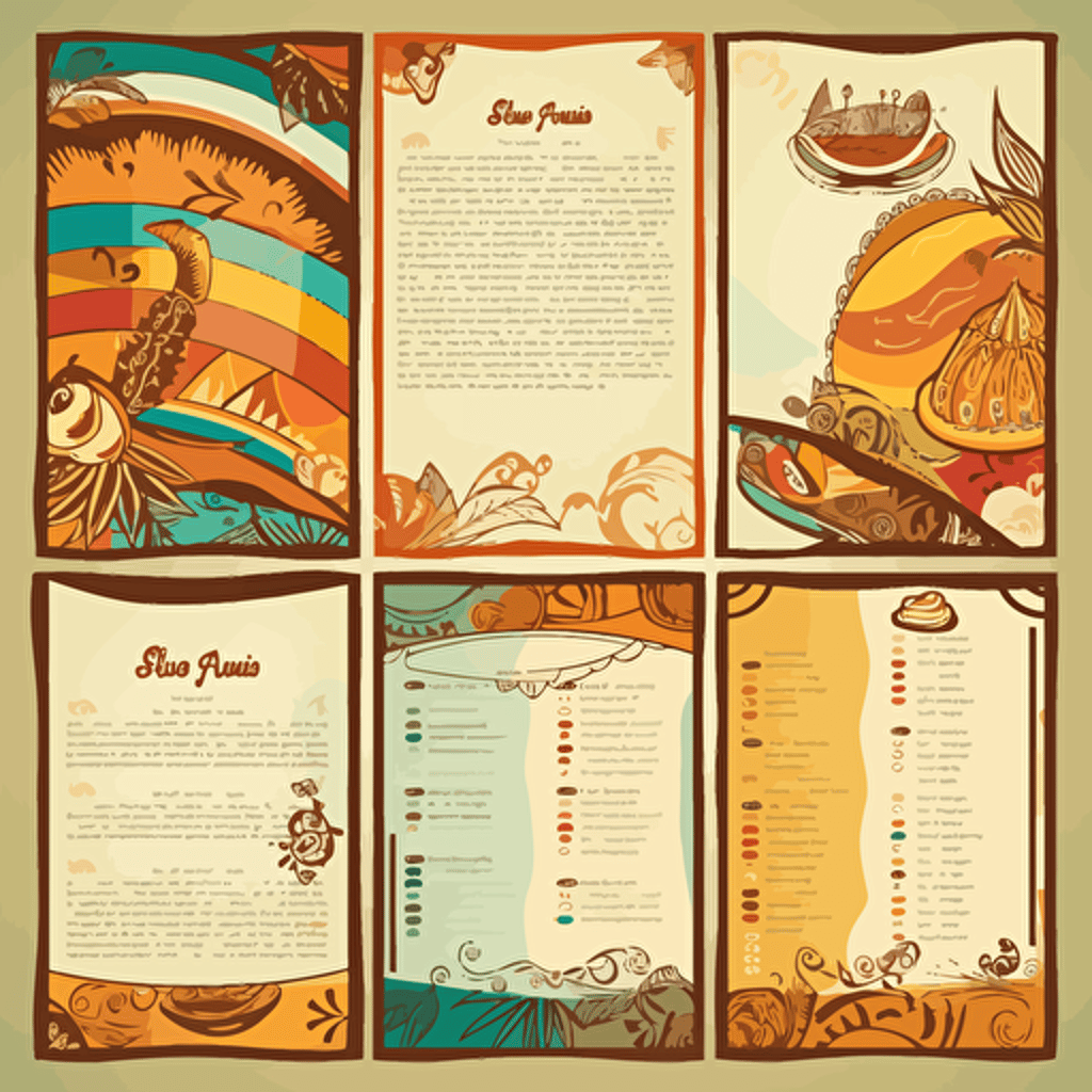 Restaurant, Latin Caribbean Food menu designs, cuban and puerto rican food, tropical, [blue, brown, orange, and gold color scheme here]::3 modern, clean, design, vector, items, food, RTX