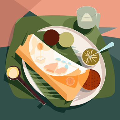 Flat Vector Illustration of a Asian suop. Mood is Elegant Table setting, Style of Malika Favre. Use only 3 Colours. Strong Light and Shadow. Style of Maite Franchi. Pastel Colours