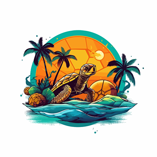 vector nba logo in a tropical theme with a turtle and in green, yellow, blue scheme, closed shape,