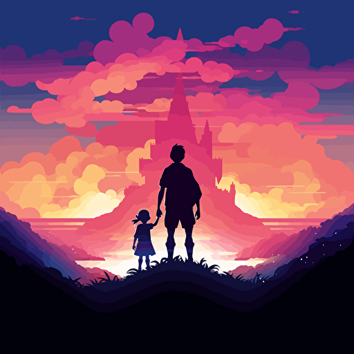 vector art, silouhette, a young child sitting on their dad's shoulders, as they look out at the horizon. perspective from the back, bright cocomelon colors, cell shade illustration style from zelda windwaker