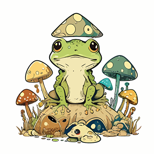 cute frog with toad stools, Sticker, Ecstatic, Muted Color, outsider art style, Contour, Vector, White Background, Detailed