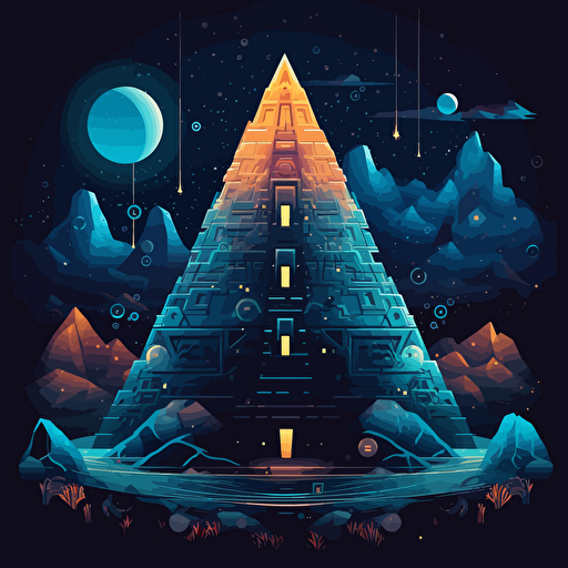 Amid the lively atmosphere of a digital exchange, a distinctive digital pyramid stands unwavering, decorated with rich patterns and colors, tightly enveloped by an aura of ownership and security, with digits and symbols intertwining into a sparkling starry sky, highlighting the unique position of NFTs in the blockchain trading ecosystem. Flat illustration, UI illustration, GUI, Minimalism, dark background, vector, trending on Dribbble, Pinterest.