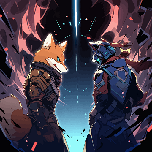 Create an image of a massive battle between two different states shiba inu cyber punk and fox dark shiba inu outfit battle, galaxy explose, anime background, vector, greekpunk, marvel style